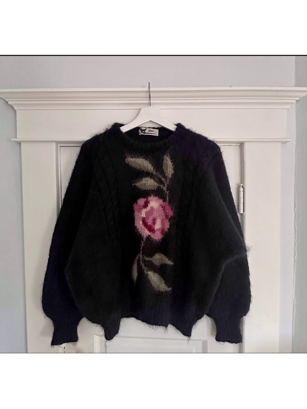 Black Mohair-Blend Sweater with Pink Rose